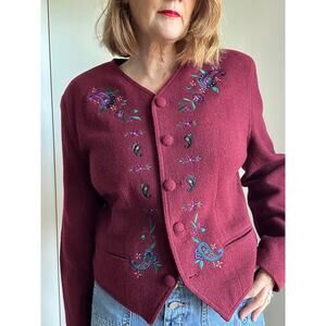 Vintage 90s Liz Wear Wool Jacket Burgundy Wine Red Classic Embroidery Boho
